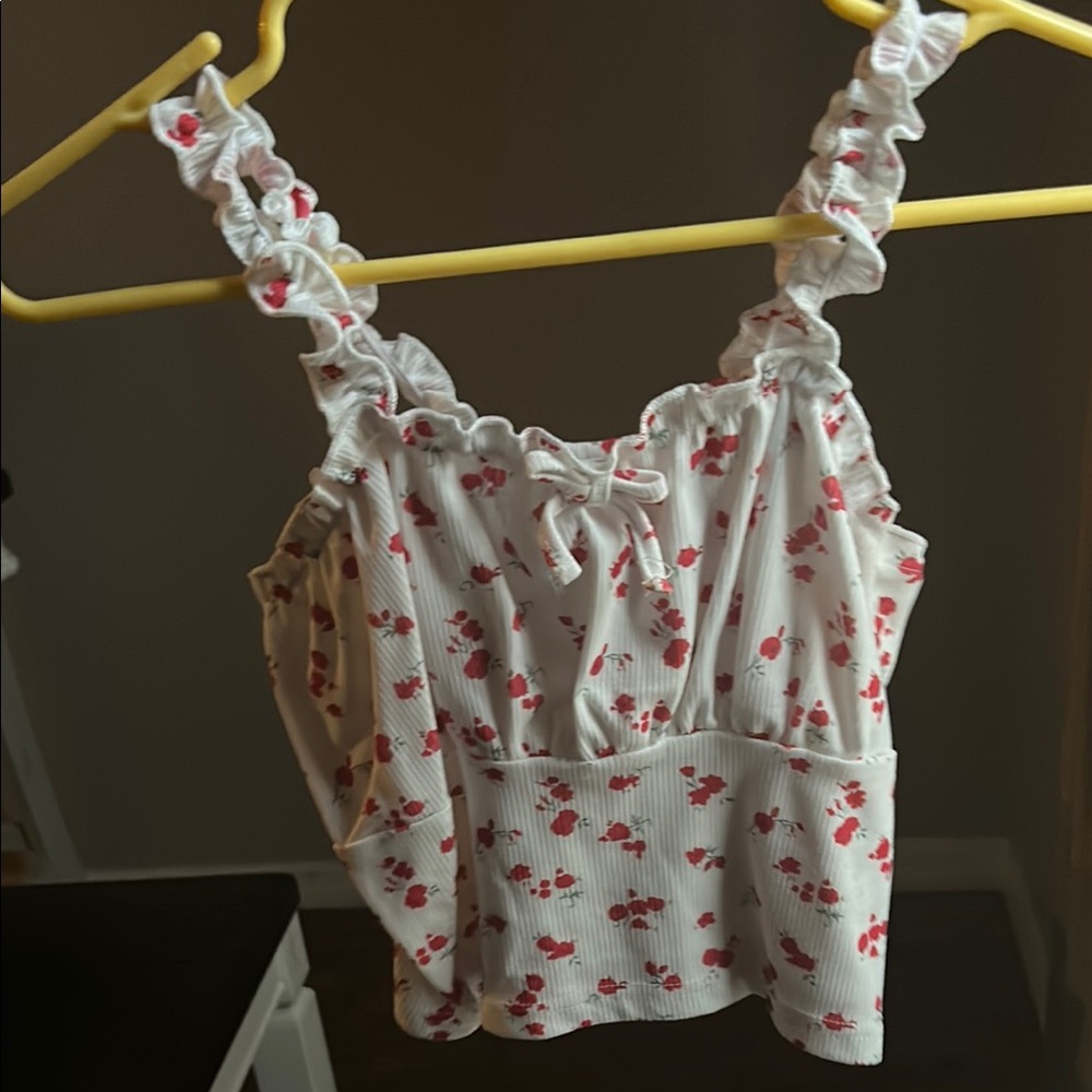 SHEIN White Top with Red Floral Accents
